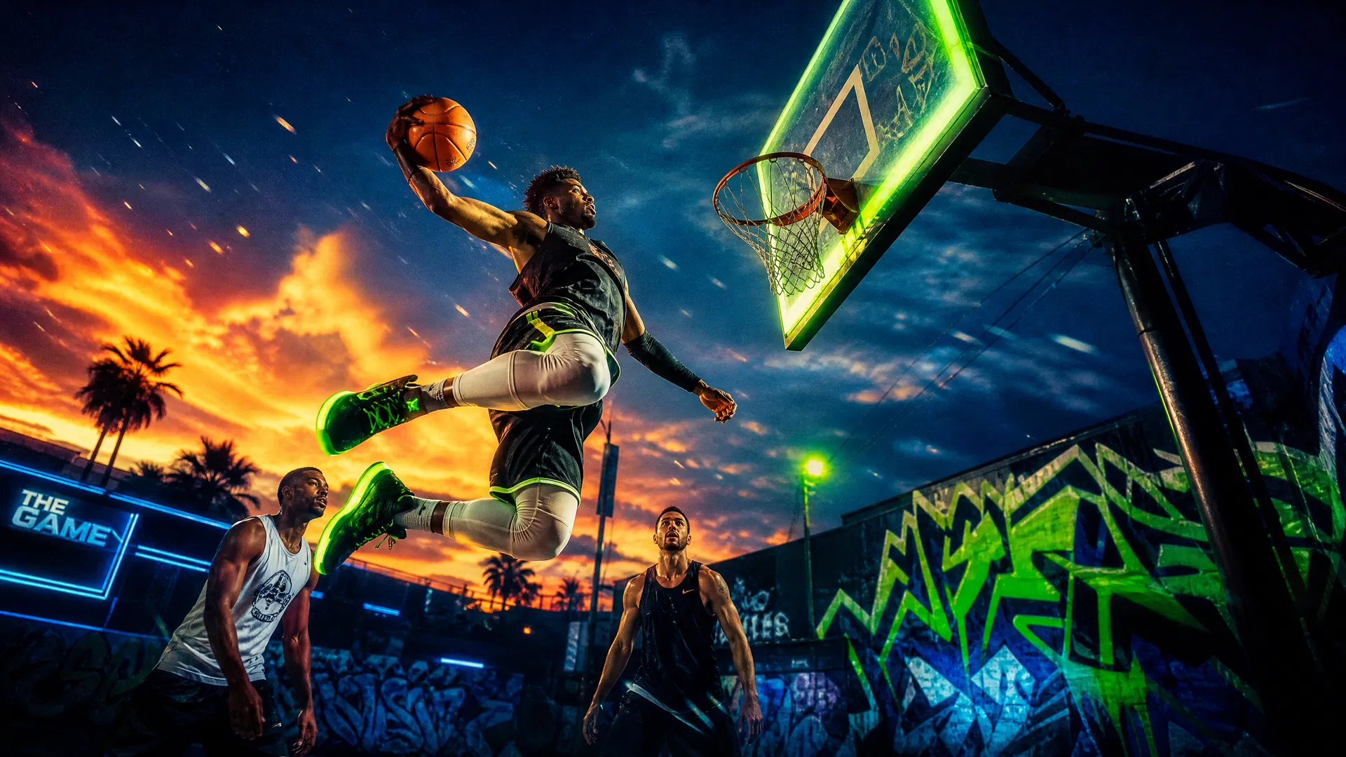 黄昏街头球场上球员凌空扣篮的3V3街头篮球比赛瞬间